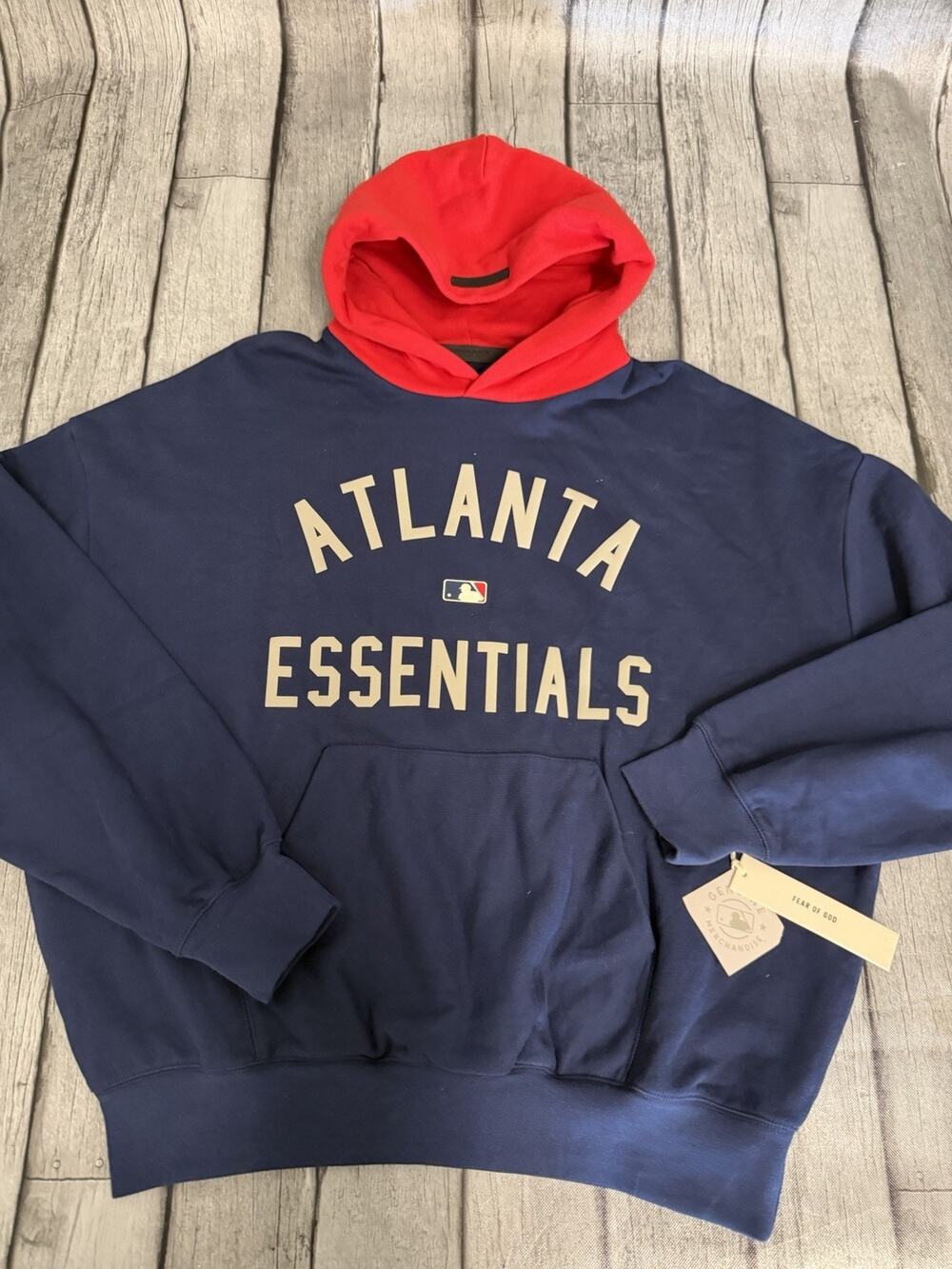 NWT Men’s Fear of God Essentials Atlanta Braves MLB Hoodie Sz Large Navy/Red